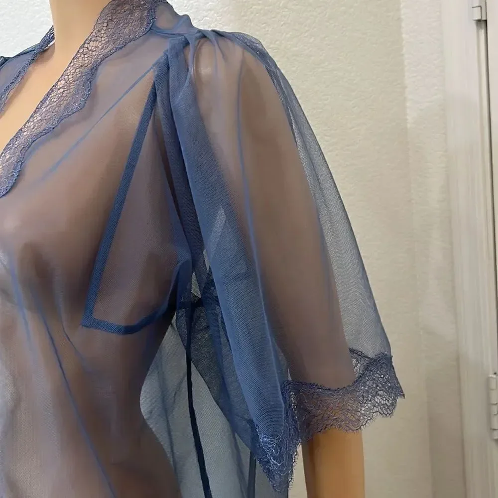 Victoria’s Secret Night Gown Sexy Intimate Robe Wrap Size XS/S Blue Sheer Lace
